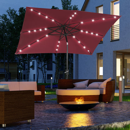 US Local 9ft Solar LED Patio Umbrella Outdoor Table Market Shade Crank Red