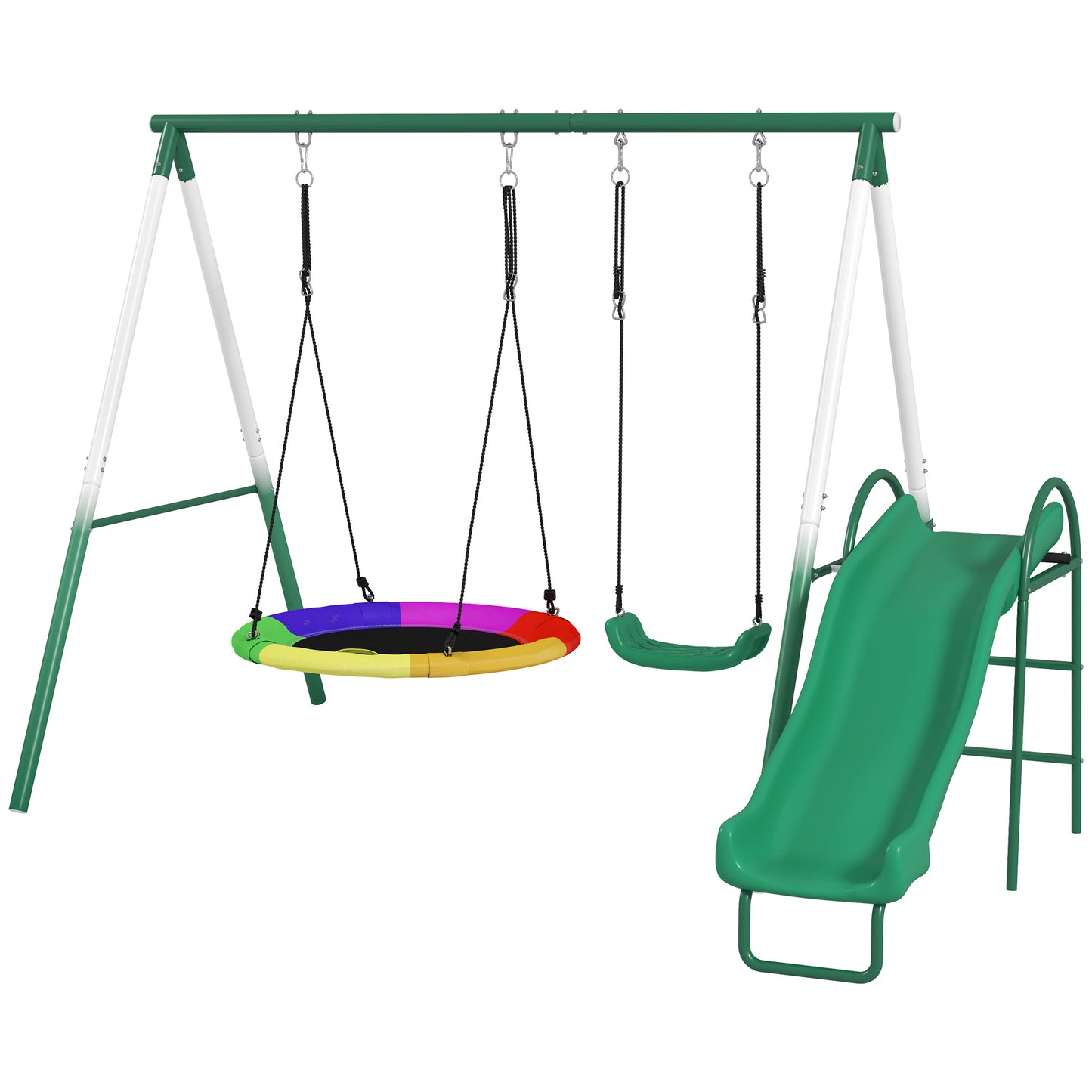 US Local Metal Swing Set With Slide, Saucer Swing Seat, Heavy Duty A-Frame Stand And Adjustable Rope For Backyard, Dark Green