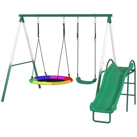 US Local Metal Swing Set With Slide, Saucer Swing Seat, Heavy Duty A-Frame Stand And Adjustable Rope For Backyard, Dark Green