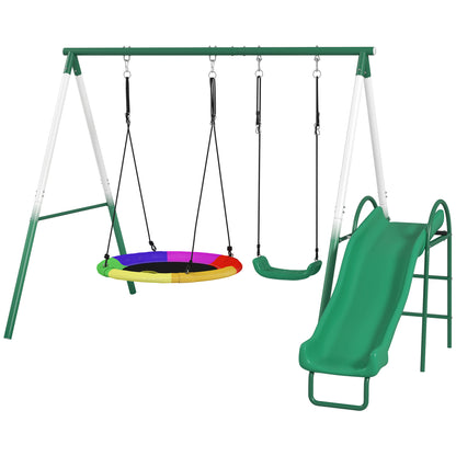 US Local Metal Swing Set With Slide, Saucer Swing Seat, Heavy Duty A-Frame Stand And Adjustable Rope For Backyard, Dark Green