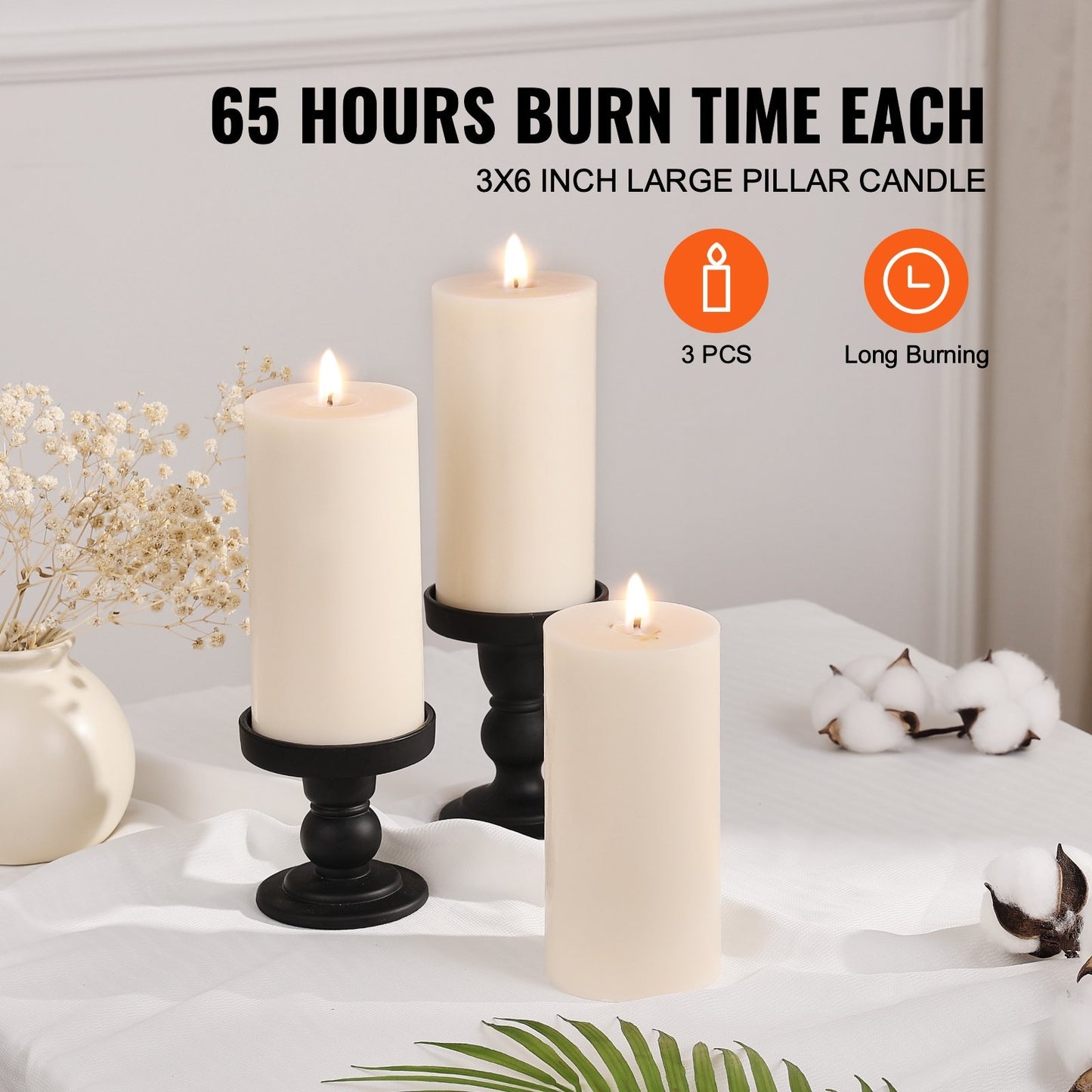 US Local VEVOR 3 Pack Unscented Pillar Candles 65 Hours Long Burning Christmas White