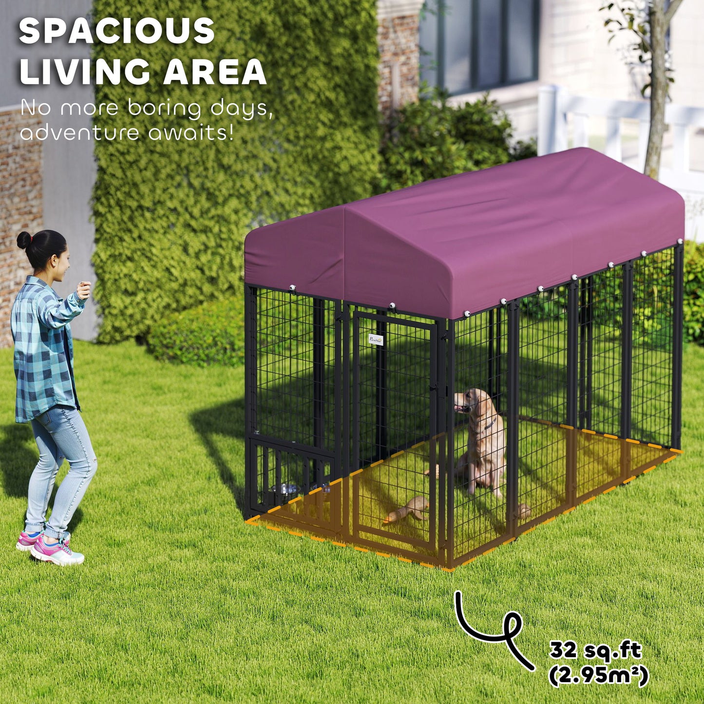 US Local Welded Wire Outdoor Dog Kennel With 360 Rotating & 4 Levels Adjustable Bowls, Waterproof Cover, 7.9 X 4 X 6
