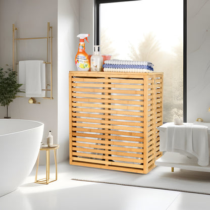 US Local Bamboo Laundry Basket With Lid - Foldable Laundry Basket With 2 Sections Of Removable Lined Pockets For Bathroom, Bedroom And Laundry