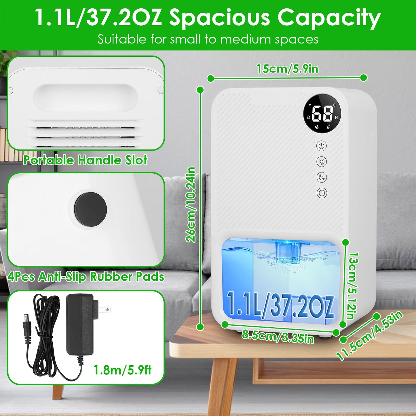 US Local 1Pc 37OZ Dehumidifier Indoor Portable Small Dehumidifier With Sleep Mode 24H Timer 7Color Lighting  Touch Control For Home Bathroom Basement Closet RV Bedroom