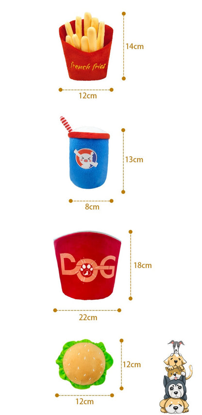 US Local 4-in-1 Fast Food Bucket Dog Toy Set, Squeaky Plush Bucket, Fries, Soda & Burger,