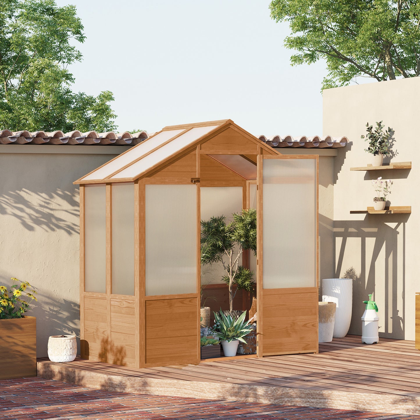 US Local 6x4x7 Polycarbonate Greenhouse, Walk-in Hot House Kit, Hobby Greenhouse With Lockable Door, Level 5 Wind Resistant Wooden Frame, Rustic Brown