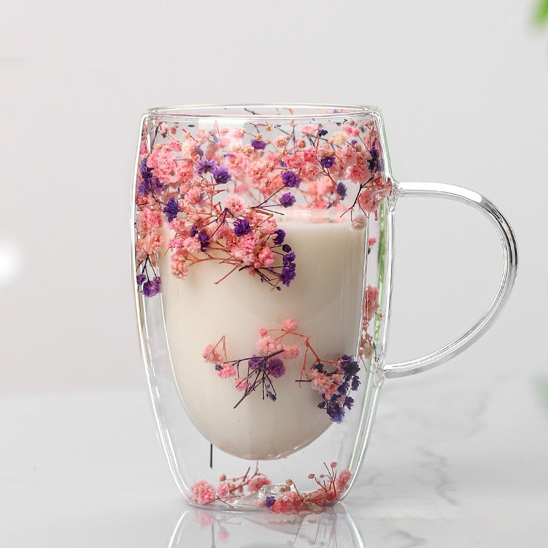 Real Flower Double Layer Glass Cup Good-looking Starry Sky