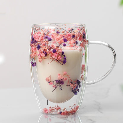Real Flower Double Layer Glass Cup Good-looking Starry Sky