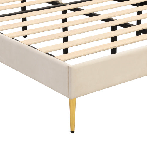 UK Local Velvet Upholstered Bed,Double Bed-4ft6 135x190cm, Shell-like Bed With Golden Iron Legs, Height-adjustable Headboard, Wooden Slatted Frame, Beige