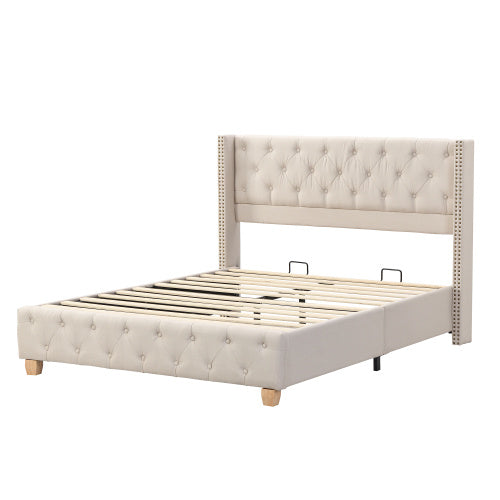 UK Local Upholstered Bed,Double Bed-4ft6 135x190cm ,With Slatted Frame And Headboard, Button Upholstery, Rivet Upholstery, Wooden Legs, Linen, Beige