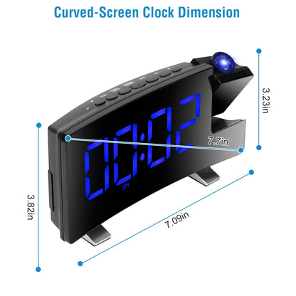 US Local 1 Pc Projection Alarm Clock With Radio Function Curved Screen LED Digital Alarm Clock With Dual Alarms 4 Dimmer 12-24 Hour USB Charging Port 180Degree Rotatable Projection