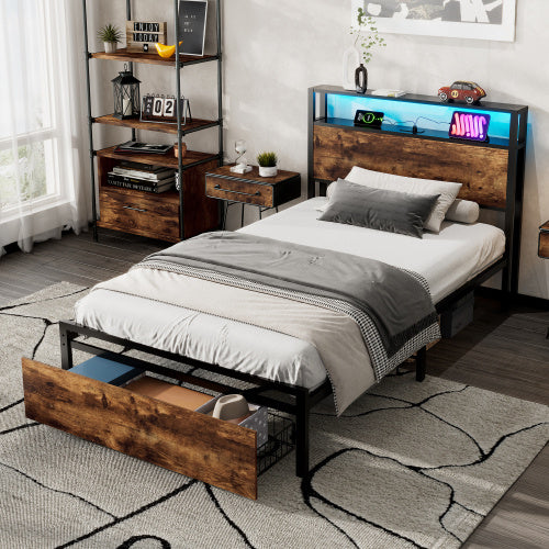 UK Local Metal Bed, 3FT Single Bed 90x190cm, With LED Light Strip And Drawer, 2 USB Port  1 Type C, Durable And Sturdy, Youth Bed, For Adults  Teenagers, Multifunctional Bed, Wrought Iron Bed, Black Walnut