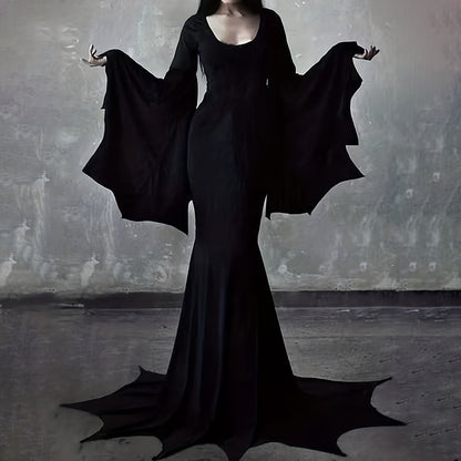 US Local Black Costume Womens Gothic Witch Bat Sleeve Dress Halloween Cosplay Costumes Vintage Carnival Party Outfit