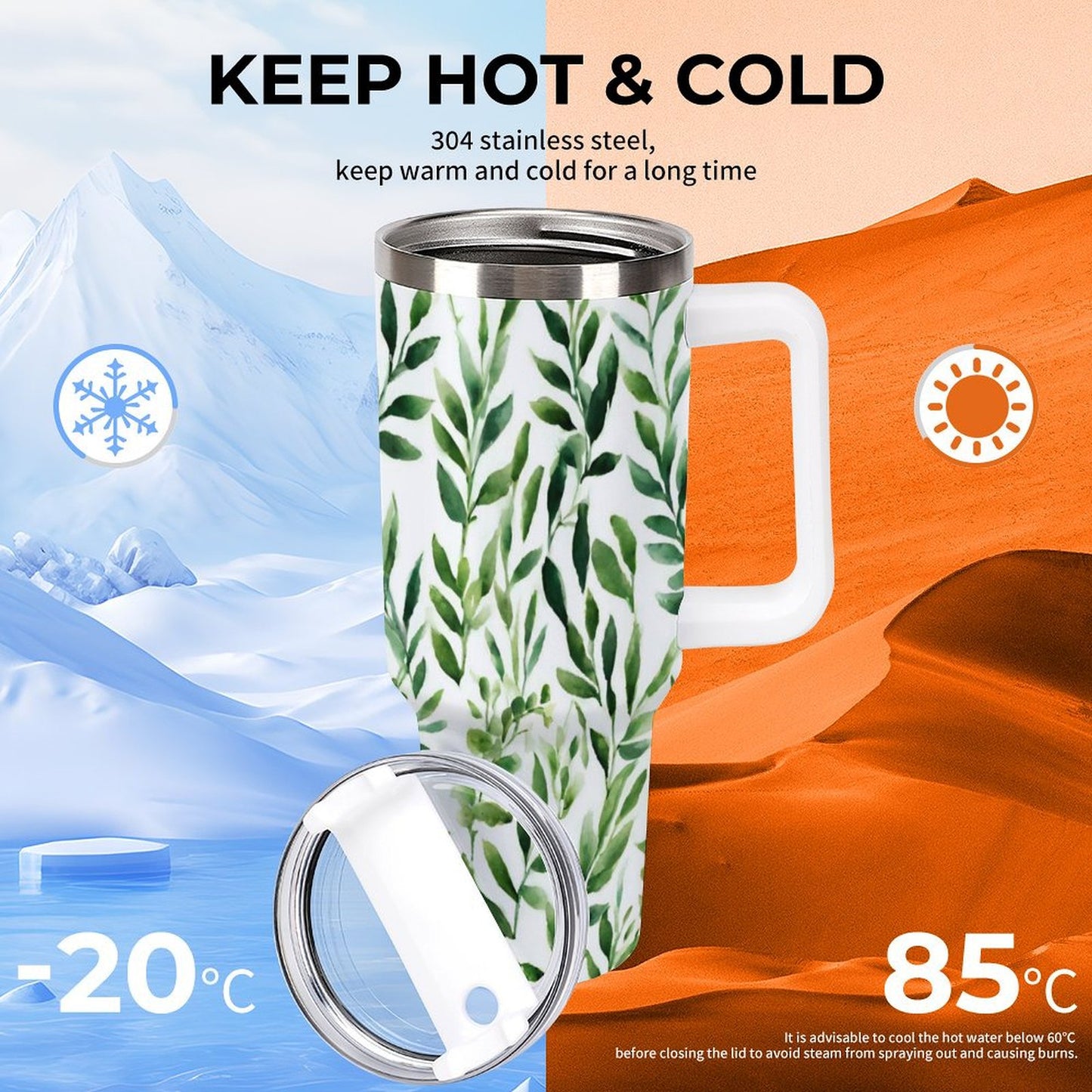 PHDT00473 POD US Local Tumbler 40 oz Large Capacity Car Cup Watercolor, Green Leaves, Spring