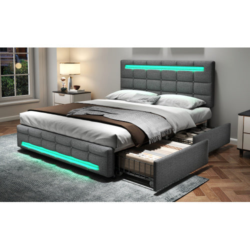 UK Local 4ft6 Double Upholstered Bed With LED Lighting And Storage Drawers, Linen Fabric Storage Bed Frame With Adjustable Button Tufted Headboard, No Box Spring Needed, Easy Assembly, Grey