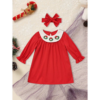 US Local Toddler Kids Baby Girls Christmas Dress Christmas Wreath Embroidered Party Dresses With Headband