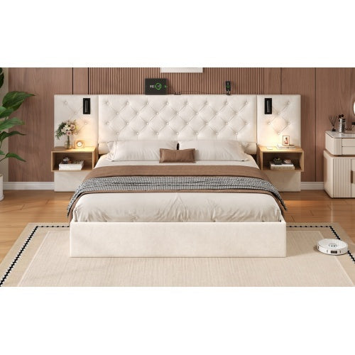 UK Local King Upholstered Bed With Charging Station, Velvet Hydraulic Storage Bed With Reading Light, 5ft King Bed Frame With Handmade Button Tufted Wide Headboard And Bedside Storage, Beige