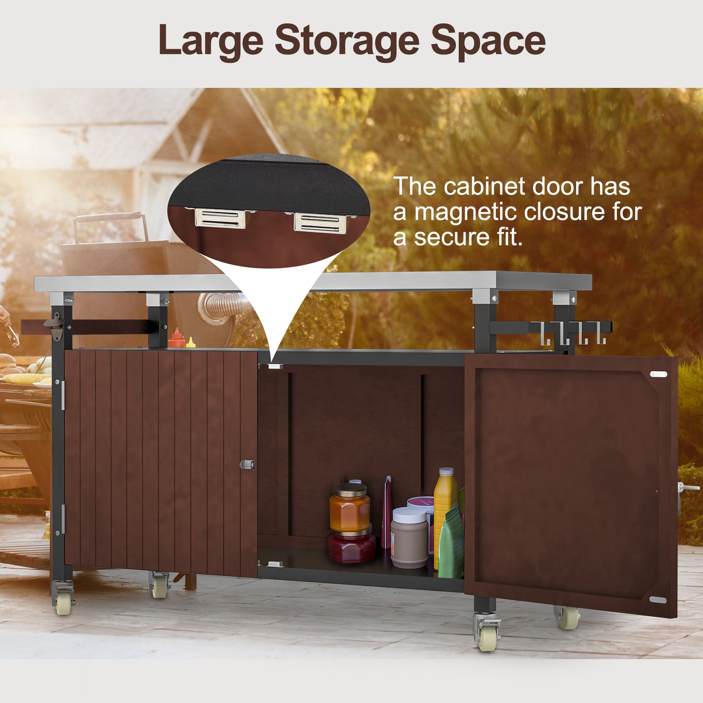 US Local Outdoor Grill Cart With Stainless Steel Tabletop, Storage, Patio Kitchen Island With Wheels, Hooks, And Spice Rack, Waterproof Outdoor Grill Table, Movable BBQ Serving Cart Rolling Bar Cart