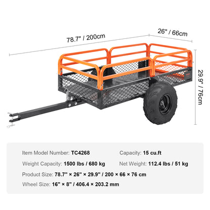 US Local VEVOR Heavy Duty Steel ATV Dump Trailer, 1500-Pound Load Capacity 15 Cubic Feet, Tow Behind Dump Cart Garden Trailer, With Removable Sides And 2 Tires, For Mowers, Tractors, ATV, UTV