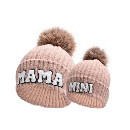 Letter MAMA Woolen Cap Outdoor Fur Ball Warm Hat
