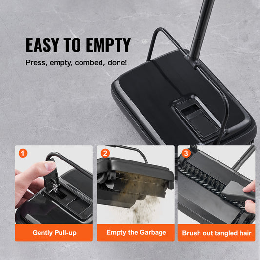 US Local VEVOR Carpet Sweeper, 7.87 In Sweeping Paths, Floor Sweeper Manual Non Electric, 300 Ml Dustbin Capacity With Comb For Home Office Rugs Hardwood Surfaces Wood Floors Laminate, Cleans Dust Pet Hair
