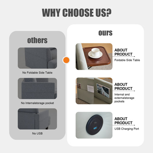 US Local Adult Sleeper Chair Bed, 3-in-1 Convertible Sofa Chair Bed Pull-out Sofa Bed, Convenient Folding Tray Table With USB And Type-C Charging Ports For Living Room