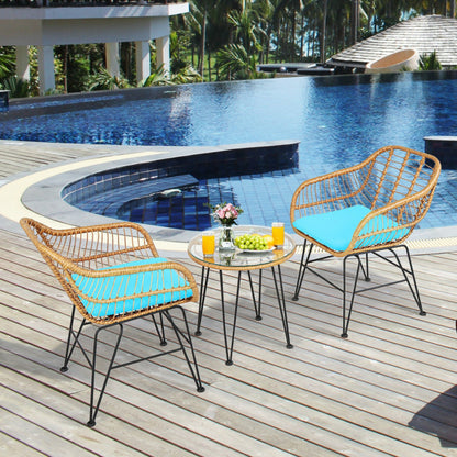 US Local 3 Pieces Rattan Furniture Set With Cushioned Chair Table