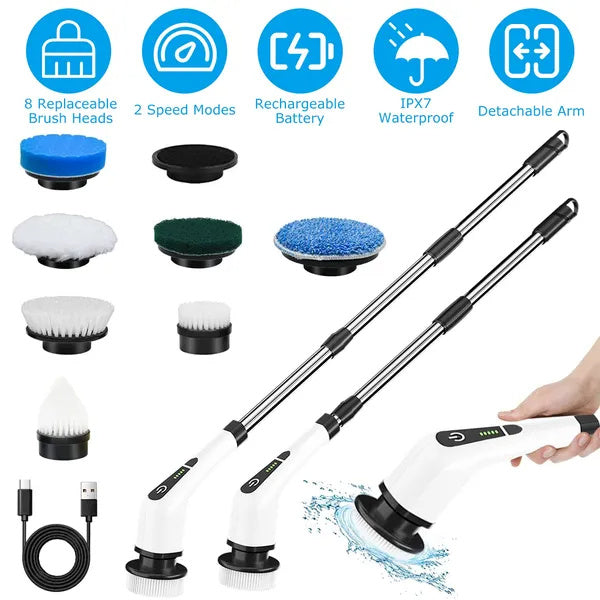 US Local Electric Spin Scrubber Cordless Cleaning Brush Extendable With 8 Replaceable Heads 2 Speed Adjustable Extension Arm Bathroom Tub Tile Floor