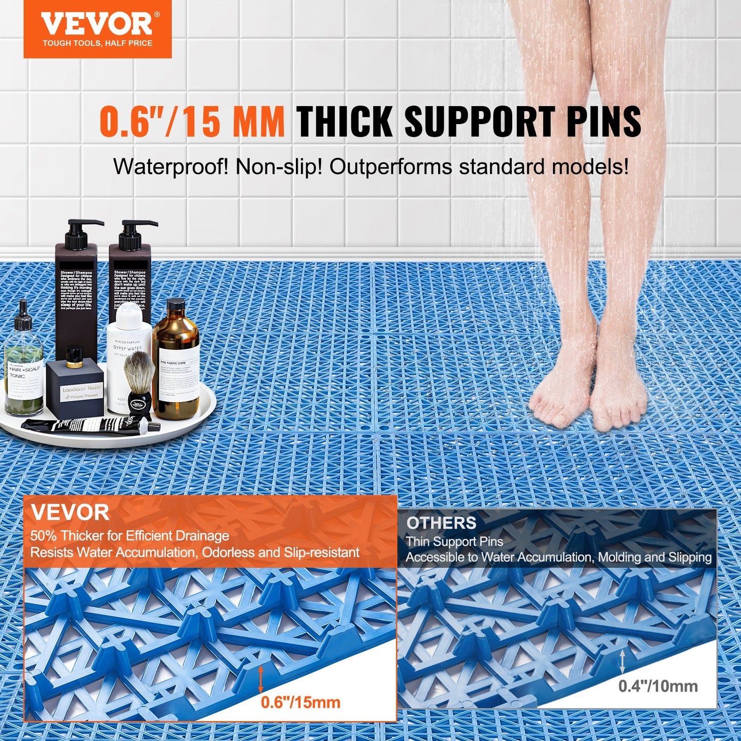 US Local VEVOR Interlocking Tile 50PCS Blue, Drainage Tiles Splicing, PVC Interlocking Drainage Floor Tiles, Non-Slip Drainage Holes For Restroom, Bathroom, Kitchen, Pool, Wet Areas
