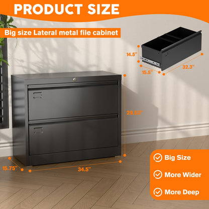 US Local Metal Lateral Filing Cabinet With 2 Drawers For Home Office, Locking Steel Wide File Storage Cabinet For Hanging Legal,Letter A4 Size, Assembly Required, Black