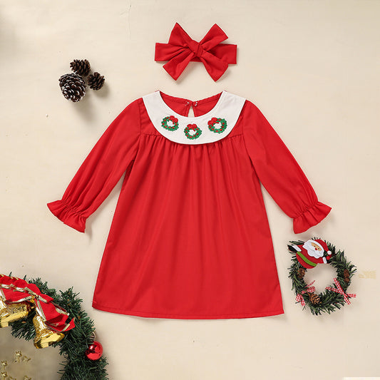 US Local Toddler Kids Baby Girls Christmas Dress Christmas Wreath Embroidered Party Dresses With Headband