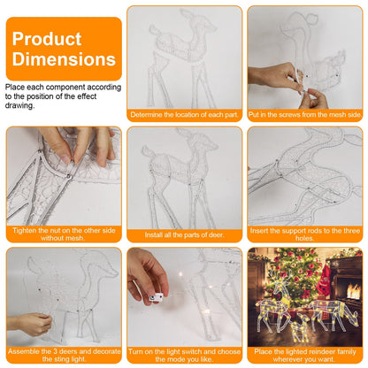 US Local 3 Sets Of Reindeer Family Lighted 2D Christmas Deer Decoration Warm Yellow Light 3 Lighting Modes Buck Doe Fawn Indoor Outdoor Christmas Decoration