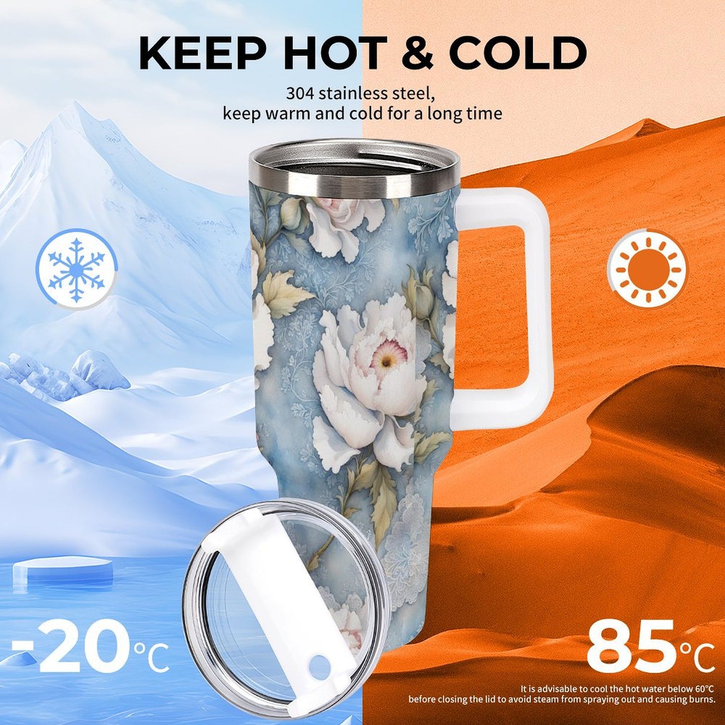 PHDT00141 POD US Local Tumbler 40 oz Large Capacity Car Cup Peony, White Blue