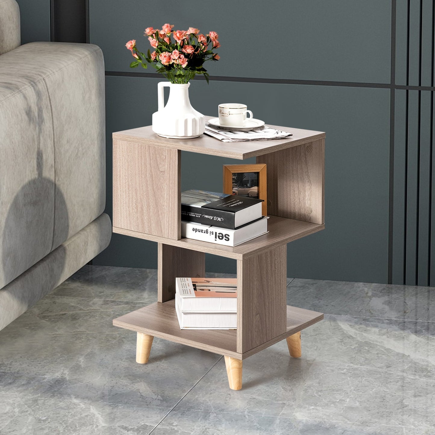 US Local 2 Pieces Wooden Modern Nightstand Set With Legs For Living Room