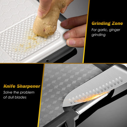 US Local 2Pcs Double Sided Cutting Board Stainless Steel PP Chopping Board Lightweight Kitchen Cutting Board Mesh Design With Grinding Zone Knife Sharpener Handle Dishwasher Safe