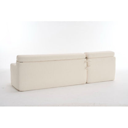 US Local LY-029B WHITE COMPRESSION SOFA Combining Chaise Longue With 3-seater  Wood Grain Chenille Fabric, Full Sponge Compression Sofa,combined Sofa With 2 Pillows For Living Home Furniture