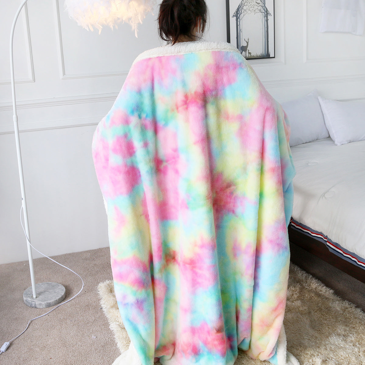 US Local 1 Piece Shaggy Blanket Plush Faux Fur Blanket For Bed Sofa Ultra Soft Luxury Sherpa Blanket Rainbow Colorful  Blanke