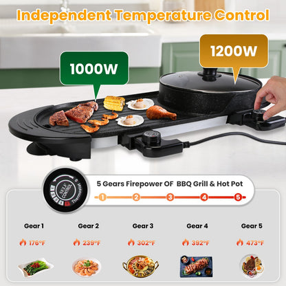 US Local 2200W  2 In 1 Electric Hot Pot With BBQ Grill Cooker Smokeless Non-Stick Korean BBQ Grill Shabu Shabu Hot Pot With Independent Temperature Control 5 Gears Firepower For 2-10 People