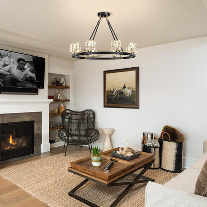 US Local Black Wagon Wheel Chandelier, 8-Light Farmhouse Crystal Chandeleirs With Adjustable Height,Ceiling Hanging Light Fixture Pendant Lights For Living Room,Bedroom,Kitchen Island,Dining Room,Bedroom