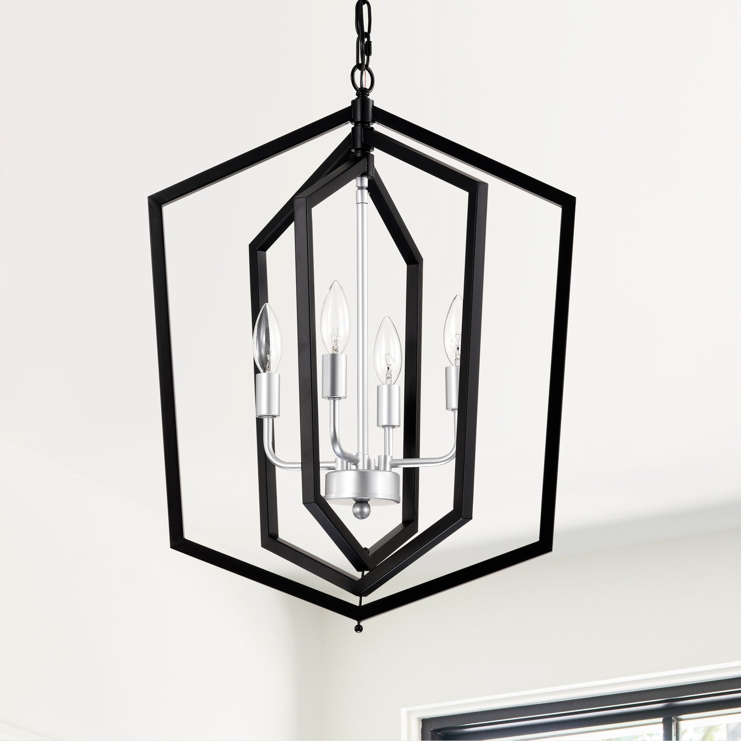 US Local 4-Light Farmhouse Kitchen Chandeliers, Matte Black And Sliver Vintage Rustic Cage Light Fixture Adjustable Height Chandeliers For Dining Room Hallway Foyer Entryway E12 Bulbs Not Included