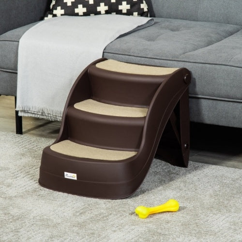 UK Local PawHut Foldable Pet Stairs Portable Dog Steps 3-Step Design With Non-slip Mats For High Beds, Sofas, 49 X 38 X 38 Cm, Brown