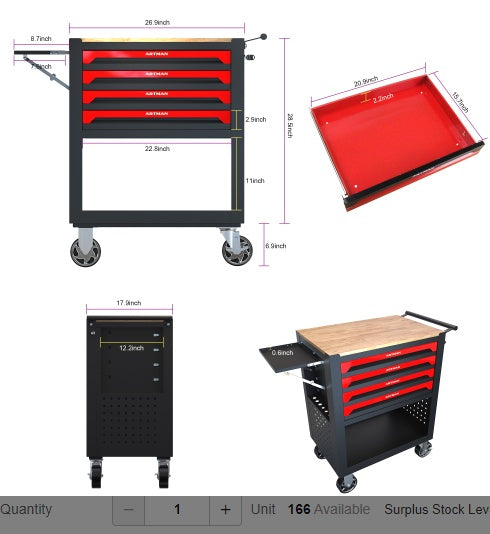 US Local 4 DRAWERS MULTIFUNCTIONAL TOOL CART WITH WHEELS AND WOODEN TOP