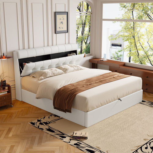 UK Local Fashion Upholstered Bed,150x200  5ft, King Bed,Hydraulic Bed,Concealed Headboard Storage,Bed Box Storage,PU,With Slats And Headboard,Without Mattress,Cream White