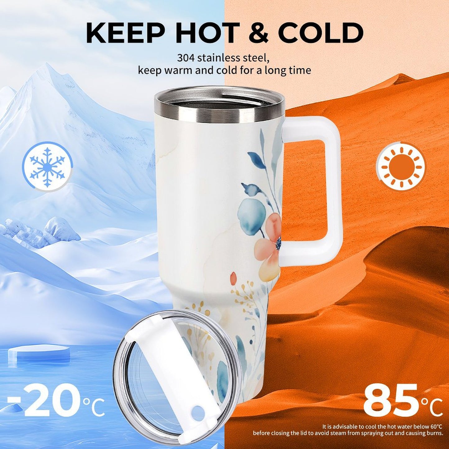 PHDT00472 POD US Local Tumbler 40 oz Large Capacity Car Cup Watercolor, Flower