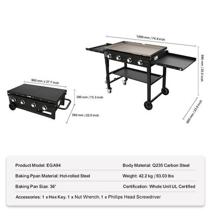 US Local Commercial Griddle On Cart, 36' Heavy Duty Manual Flat Top Griddle, Outdoor Cooking Station With Side Shelves, Steel Natural Gas Griddle, 4-Burners Restaurant Portable Tested ToStandards