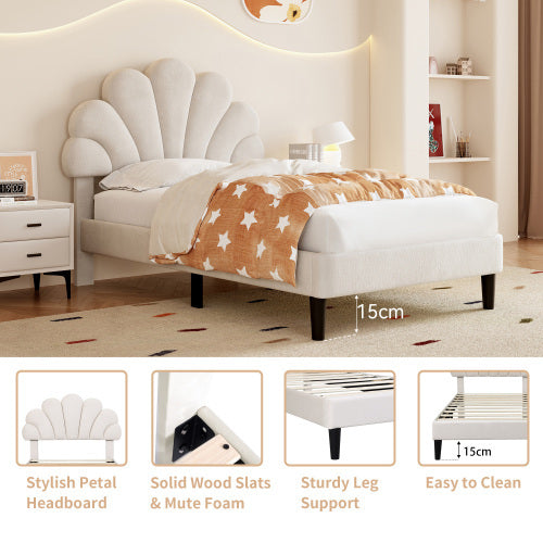 UK Local 3ft Single Upholstered Velvet Bed Frame, With Adjustable Chic Petal Headboard, Velvet Platform Bed Frame With Solid Wood Slat, No Box Spring Needed, Easy Assembly, Beige