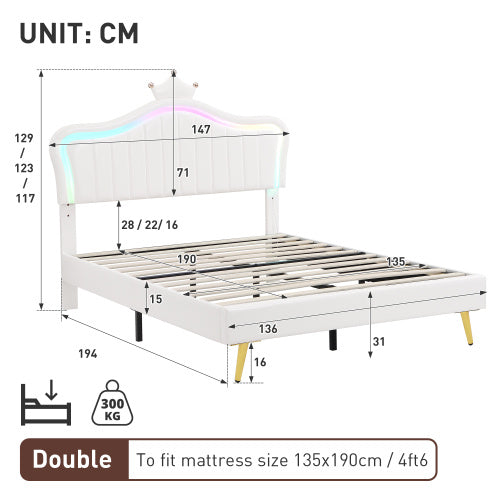 UK Local 4ft6 Double Upholstered Bed With LED Adjustable Crown Shape Headboard, PU Leather Bed Frame With Solid Wood Slat, No Box Spring Needed, Easy Assembly, Cream White No Mattress
