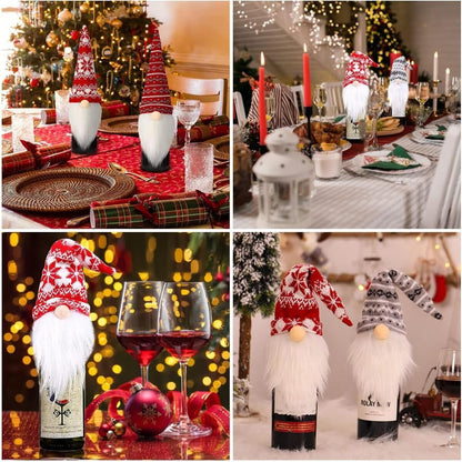 US Local 4 Pcs Christmas Wine Bottle Covers Reusable Knitted Gnomes Wine Bottle Toppers Xmas Party Handmade Tomte Swedish Gnomes Wine Decoration For Holiday New Year Dining Table Decor Party Gift