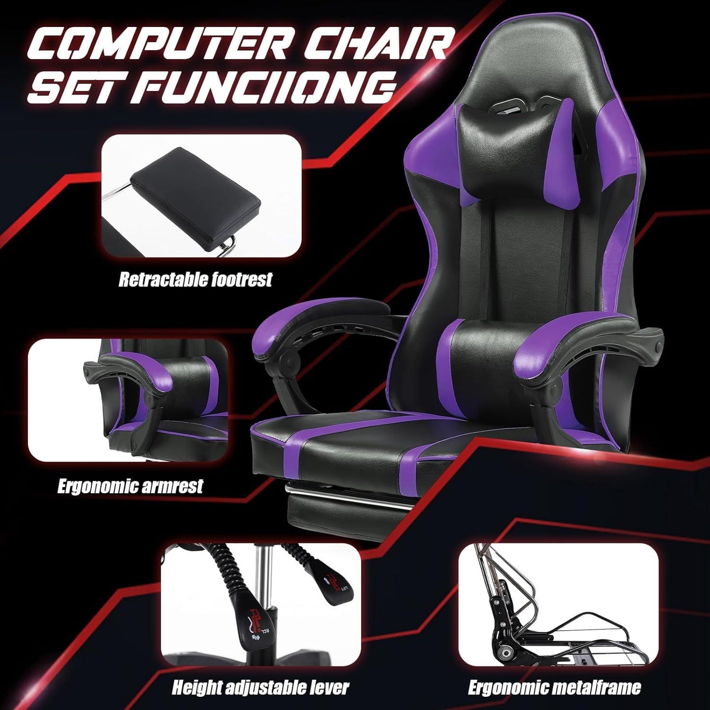 US Local Ergonomic Gaming Chair For Adults, Adjustable Lumbar Backrest Office Chair