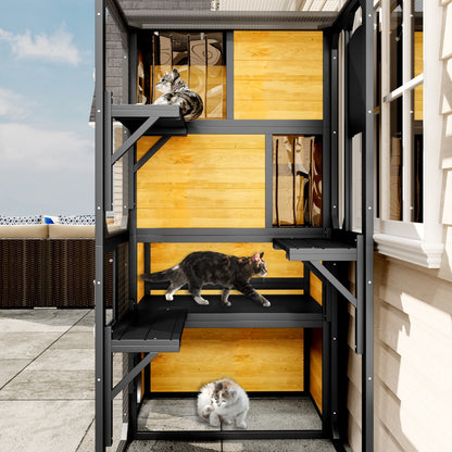 US Local GO Large Cat Catio 4 Tiers Cat Enclosure For Outdoor, Cat House Weatherproof Attached To Window For Multiple Cats With Platforms And Resting Rooms, Brown